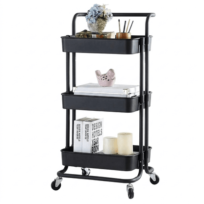 Charriot de rangement noir à 3 niveaux avec roulettes, idéal pour bureau ou salon, décoré avec livres et objets