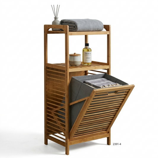 Meuble Panier à Linge avec 2 Étagères en Bambou