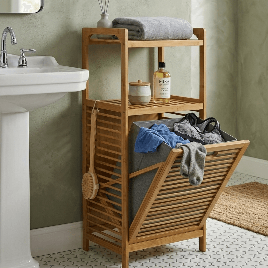 Panier à linge en bambou avec étagères, rangement salle de bain, design moderne et pratique
