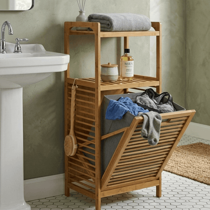 Panier à linge en bambou avec étagères, rangement salle de bain, design moderne et pratique