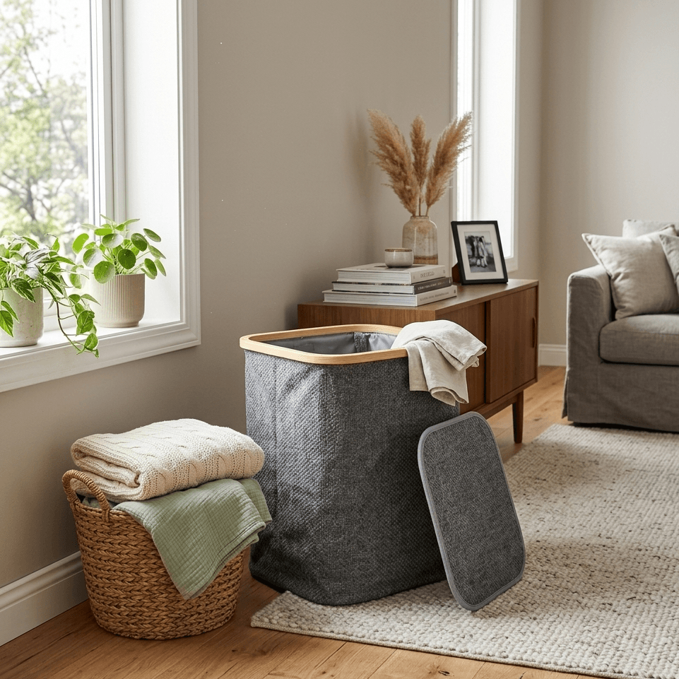 Panier à linge en tissu gris avec bordure en bois, idéal pour rangement salon ou chambre