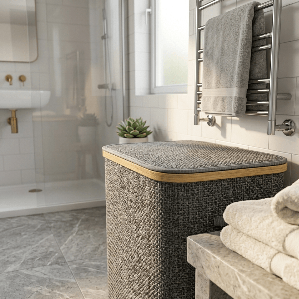 Panier à linge en tissu gris avec bordure en bois, dans une salle de bain moderne avec serviettes et plante