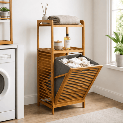 Panier à linge en bambou avec étagères, idéal pour salle de lavage ou chambre, rangement pratique et design naturel