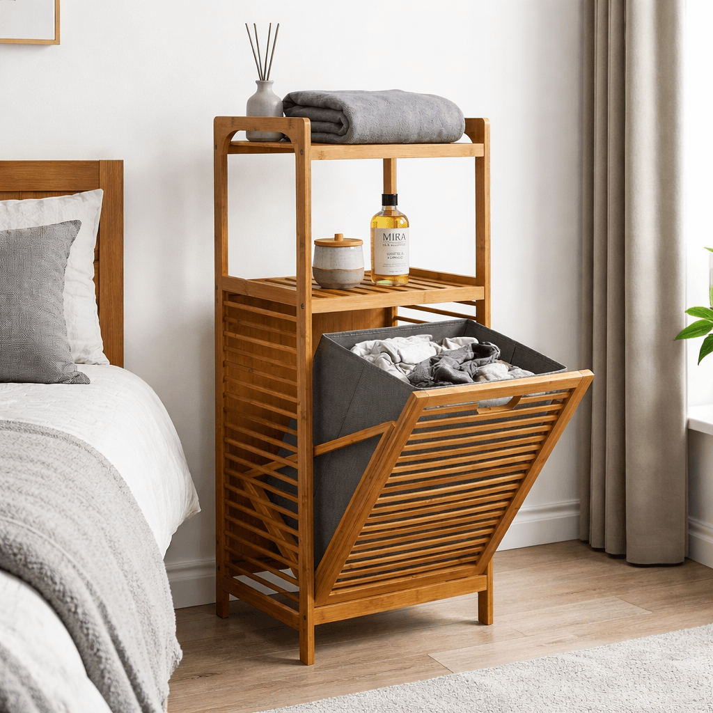 Panier à linge en bambou avec étagères, idéal pour chambre à coucher, rangement pratique et design naturel