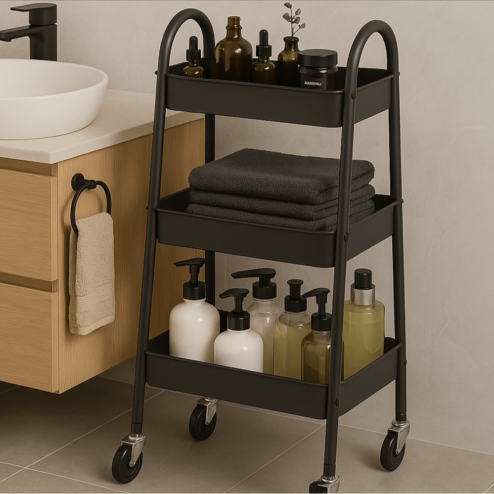 Charriot de rangement salle de bain 3 niveaux avec roulettes, idéal pour produits cosmétiques et serviettes