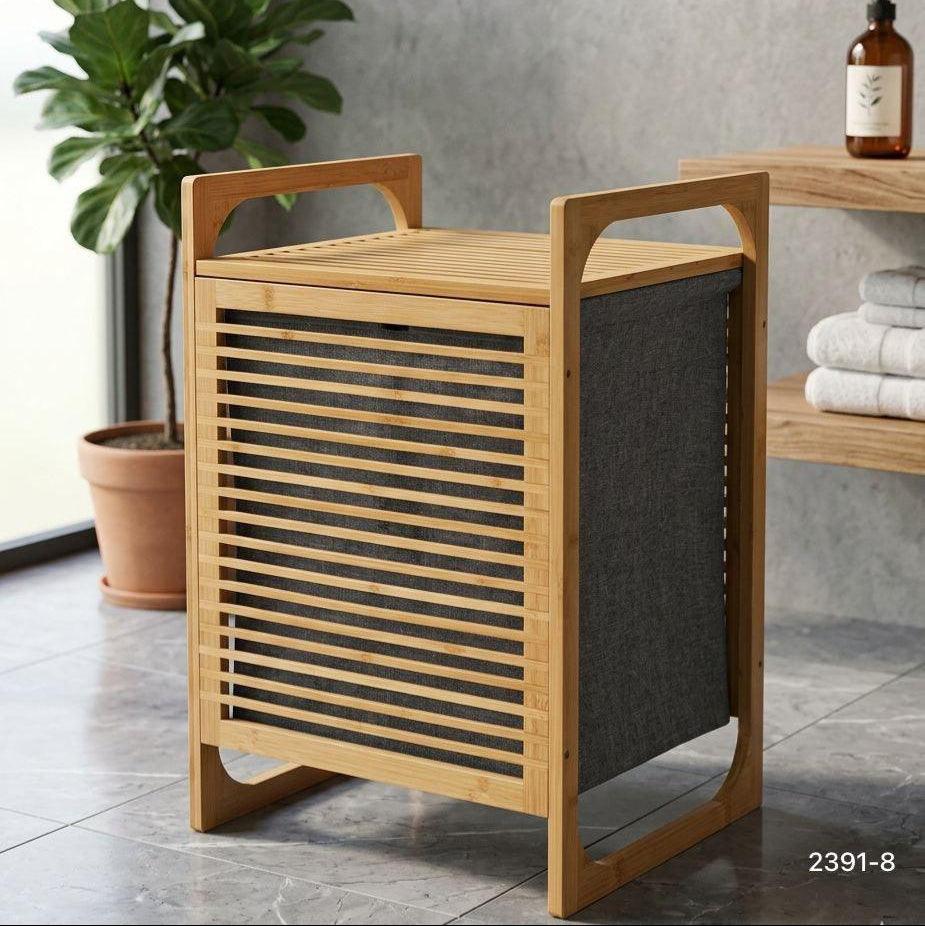 Panier à linge en bambou avec sac gris, design moderne pour salle de bain ou chambre