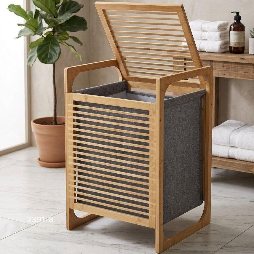 Panier à linge en bambou avec couvercle et sac gris, idéal pour salle de bain ou chambre