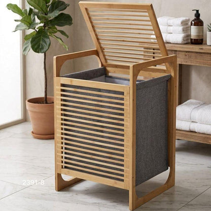 Panier à linge en bambou avec couvercle et sac gris, idéal pour salle de bain ou chambre