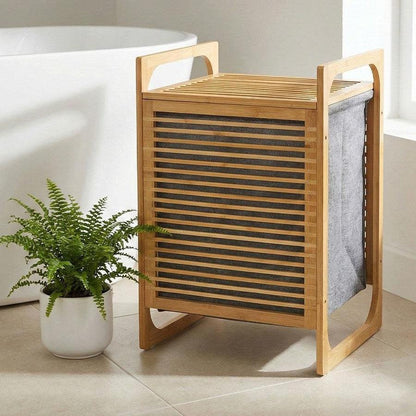 Panier à linge en bambou avec sac gris, idéal pour salle de bain moderne