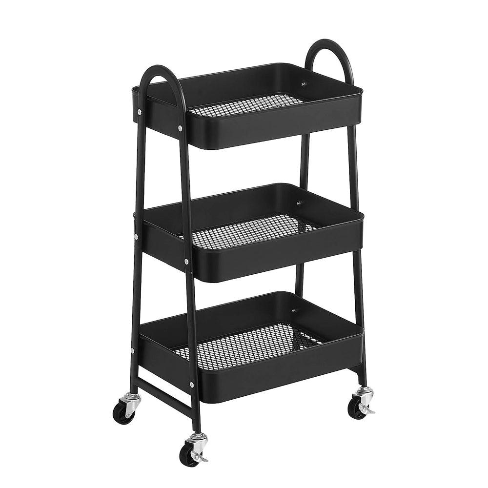 Chariot de rangement noir à 3 niveaux avec roulettes et poignées, idéal pour cuisine ou bureau
