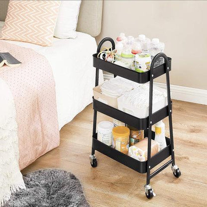 Charriot de rangement noir à 3 niveaux avec roulettes, idéal pour chambre ou salle de bain