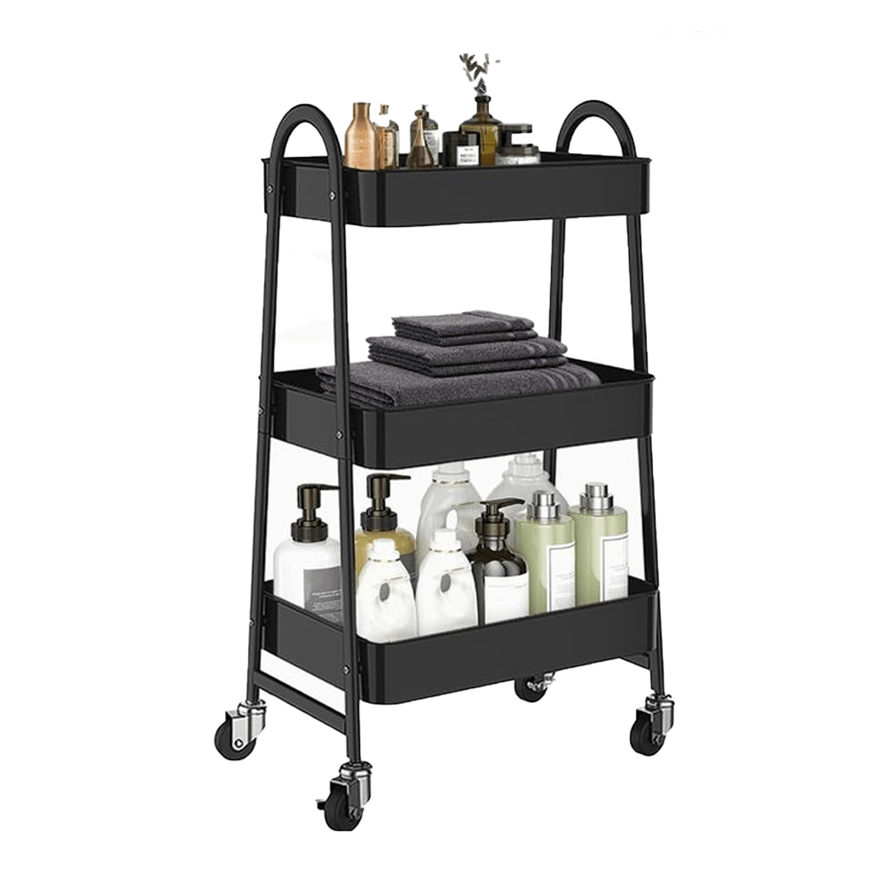 Charriot de rangement noir à 3 niveaux avec roulettes, idéal pour salle de bain ou cuisine, organisé avec produits et serviettes